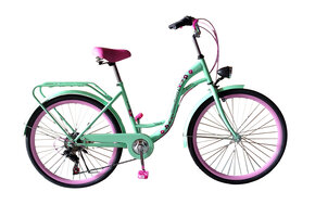 Meisjesfiets 26 inch - 7 versnellingen - mintgroen met roze