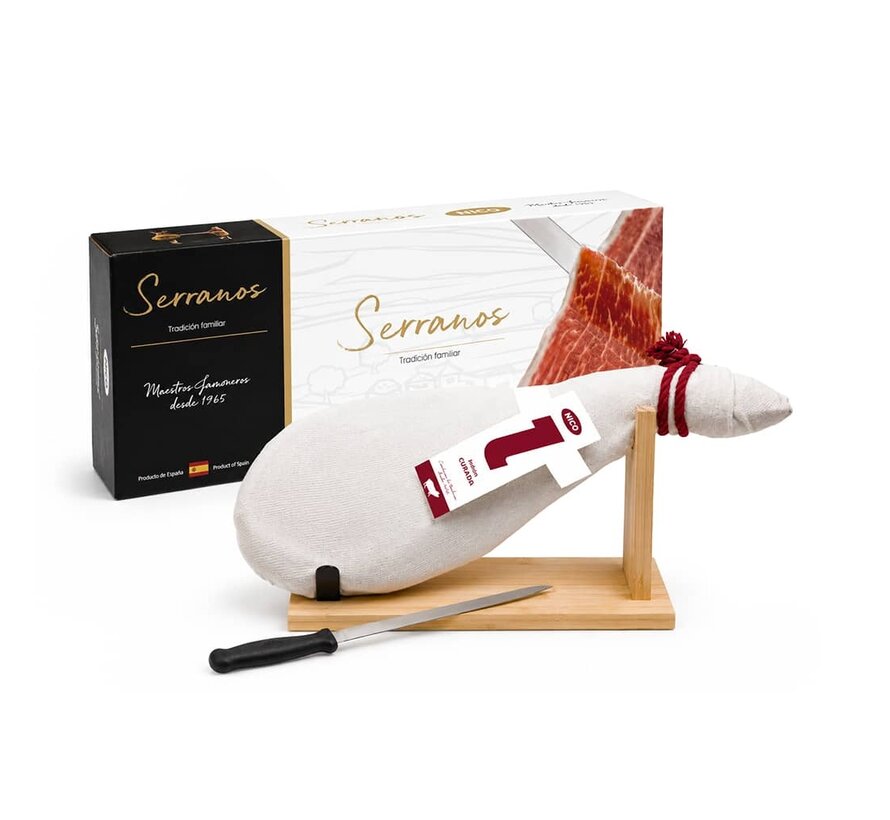 Paleta Curada Serrano mit Ständer und Messer (4-4,5 Kilo)