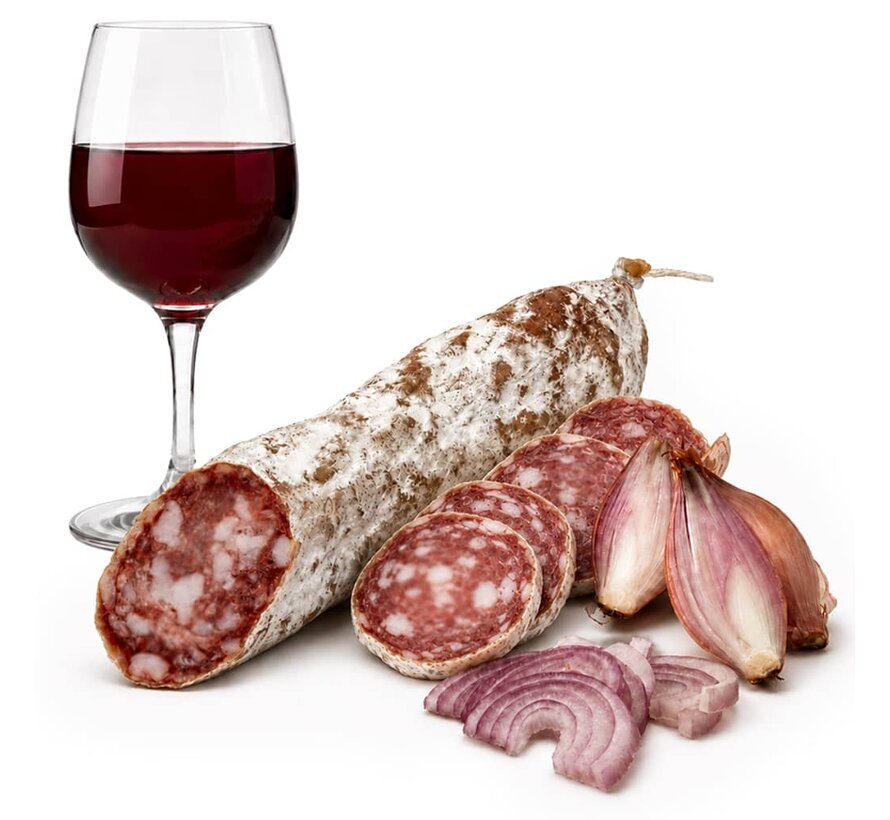 Preis pro 6 Stück- Rotwein und Schalotten Salami - Saucisson au vin et echalotes