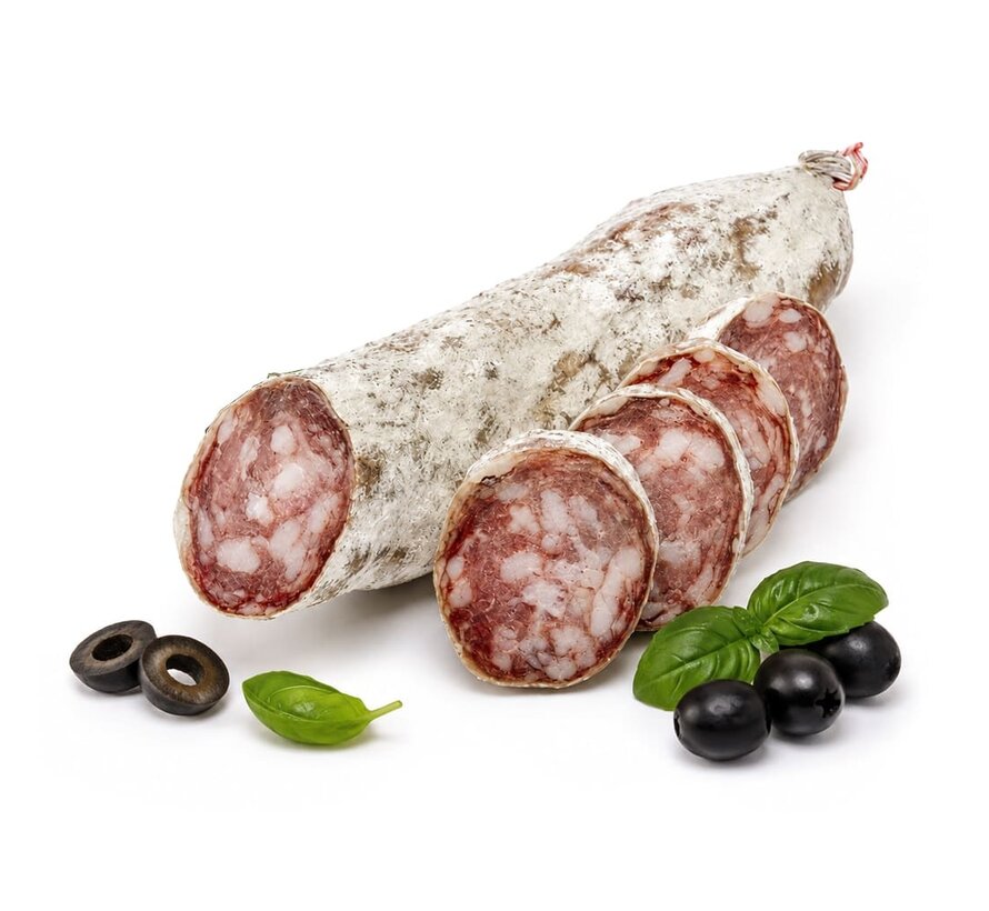 Preis pro 6 Stück- Französische Trockenwurst mit schwarzen Oliven und Basilikum - Saucisson olives noir et basilicum