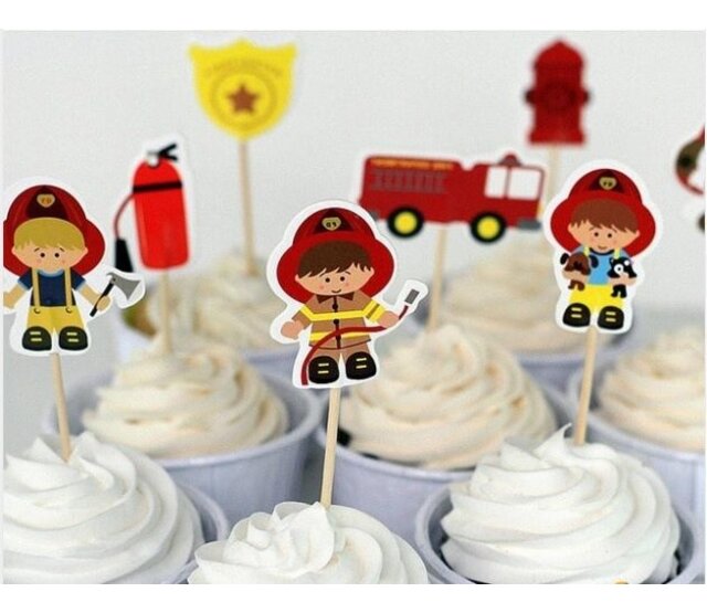 Brandweer cake toppers set 8 prikkers