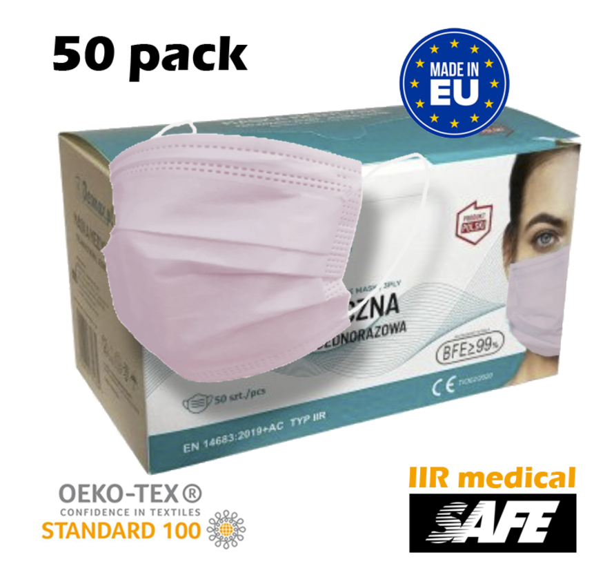 50 Pieces IIR Surgical Medical Masks PINK- Made in EU