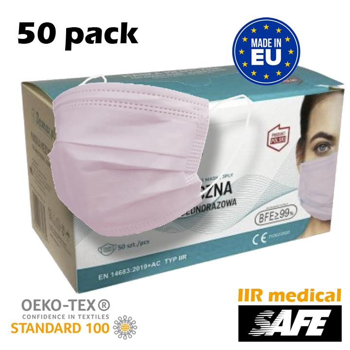 50 Pieces IIR Surgical Medical Masks PINK Made in EU Face Masks Holland
