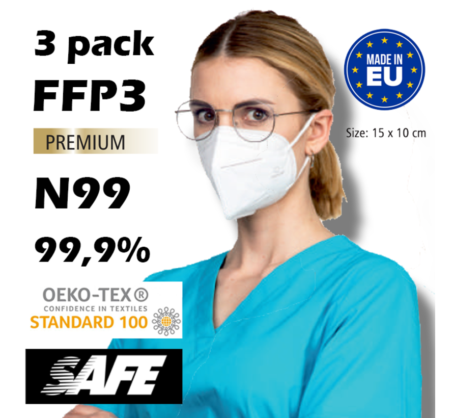 3 stuks  FFP3 N99 maskers | Wit | Geproduceerd in de EU