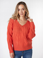 EsQualo Sweater cables v-neck red clay 02700
