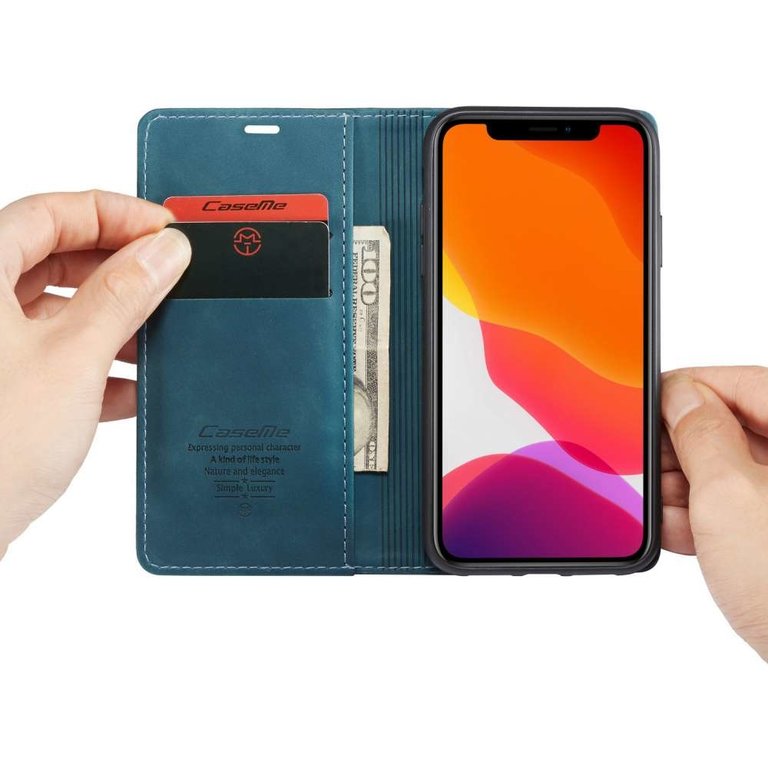 CaseMe CaseMe Apple iPhone 11 Retro Wallet Case - Blauw