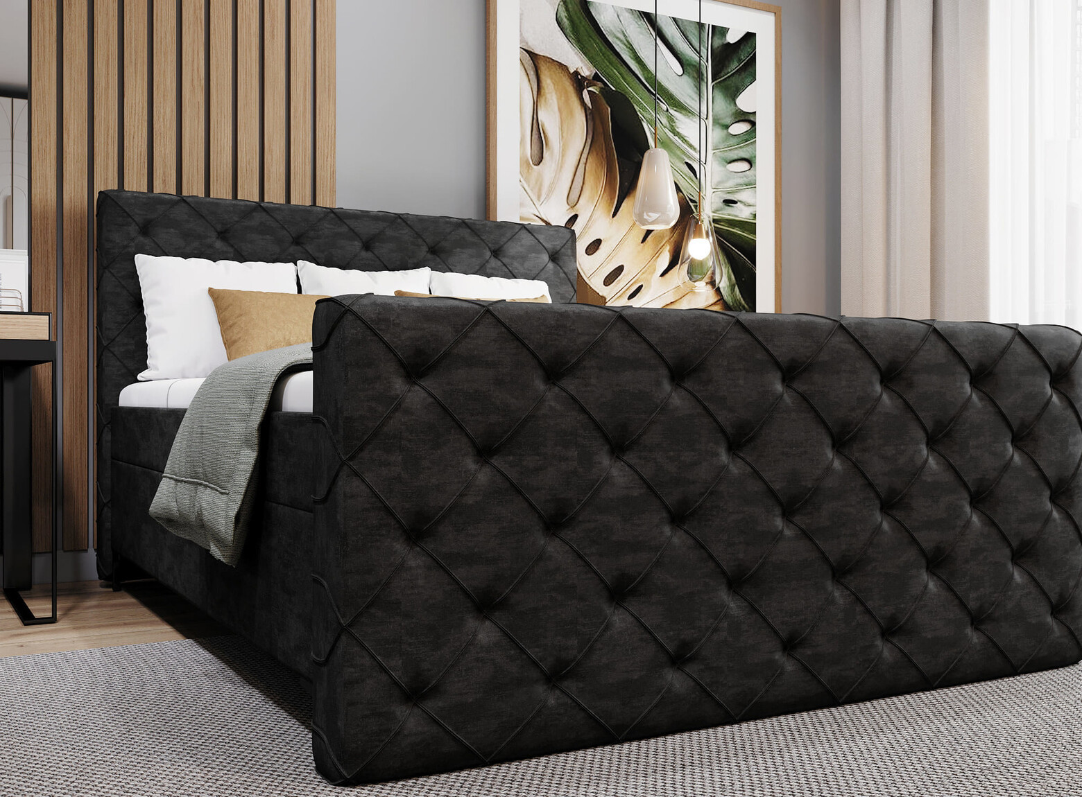 Boxspring Havana 180 x 200 - Zwart - Gestikt hoofdbord en voetenbord