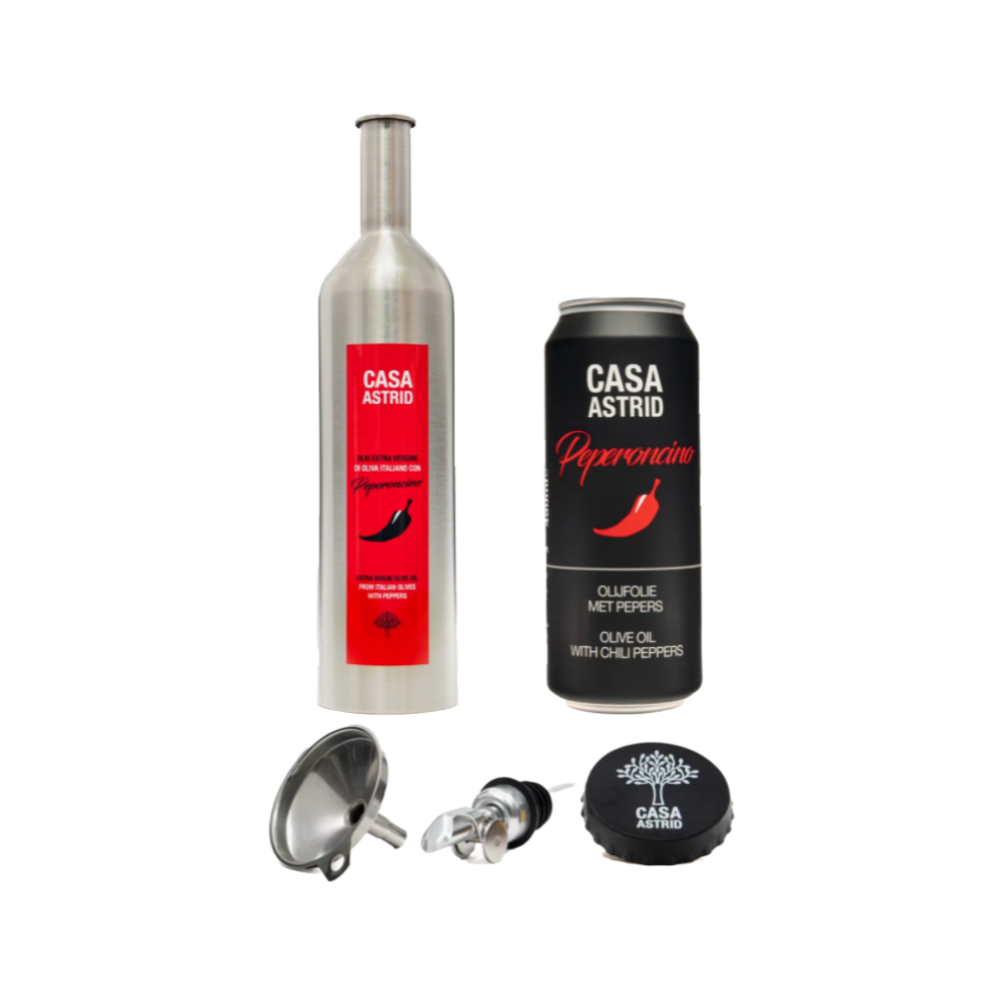 Casa Astrid Extra vierge Italiaanse olijfolie met verse chilipeper in duurzame RVS fles