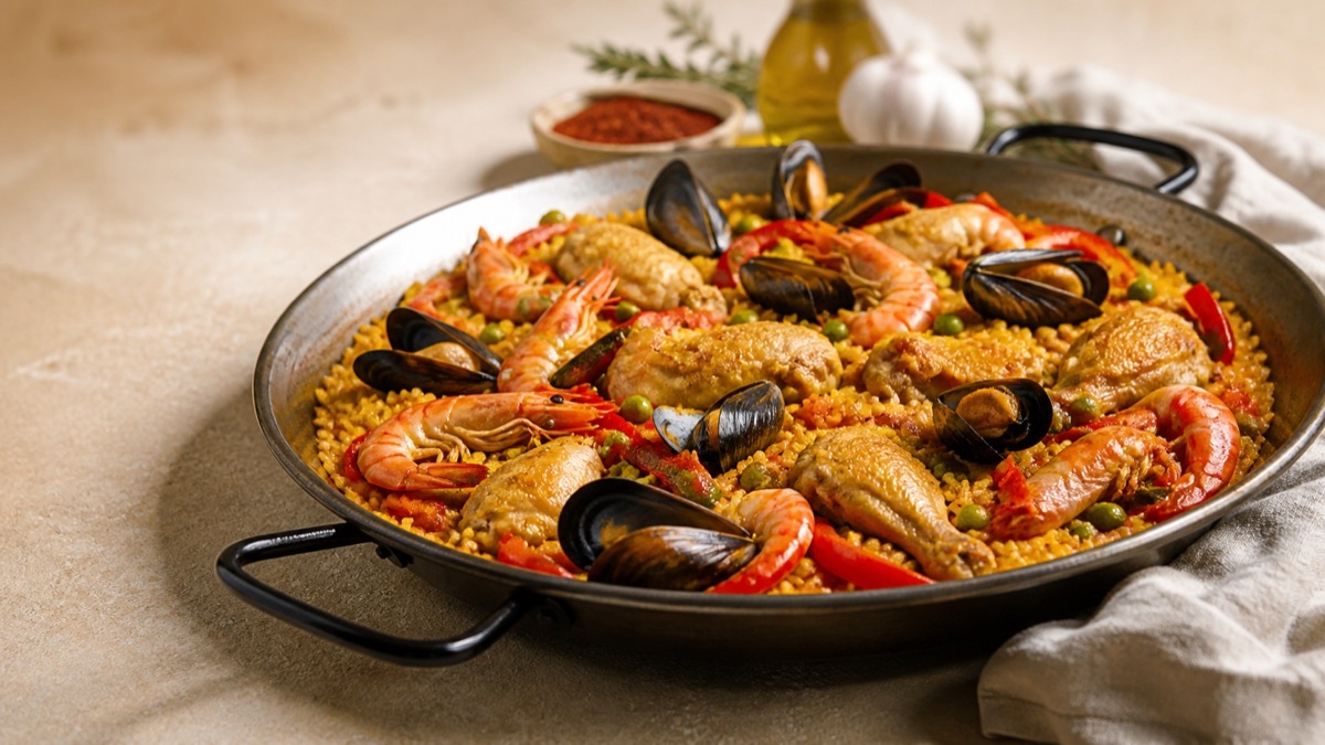 Paella met mosselen en scampi