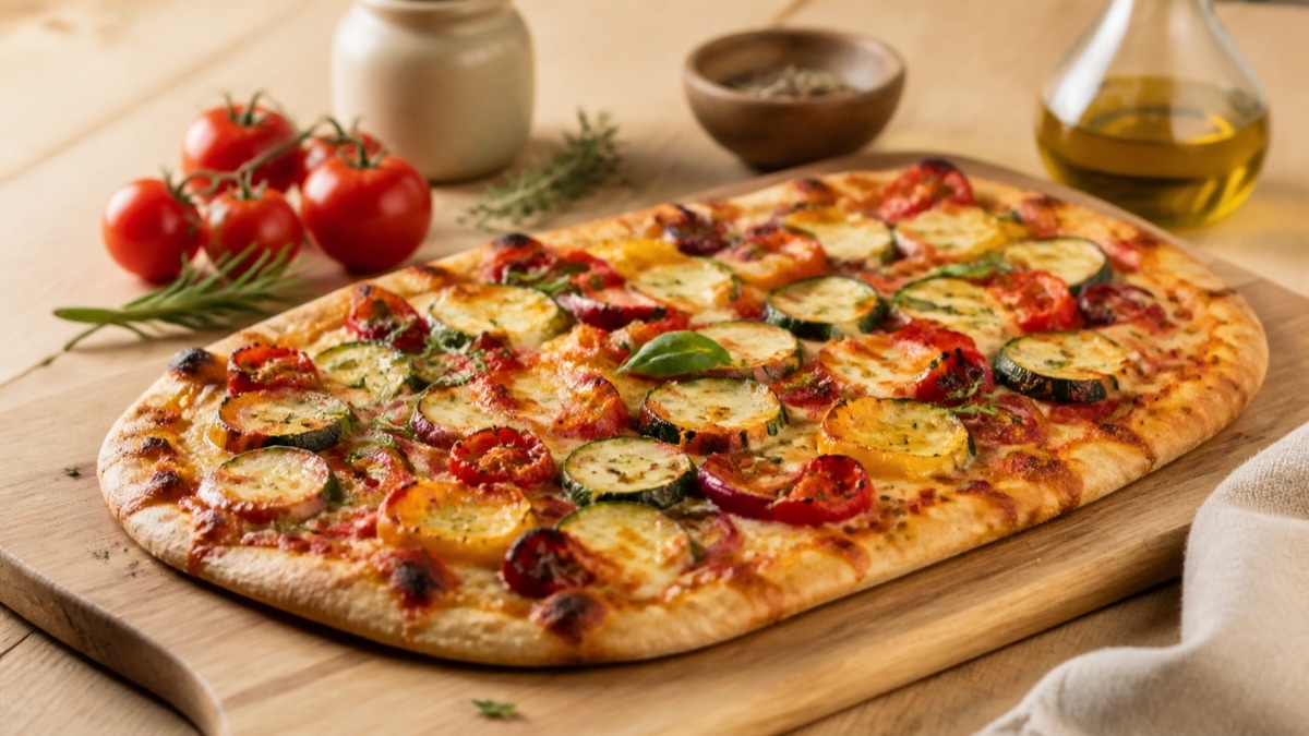 Kruidige plaatpizza met groenten
