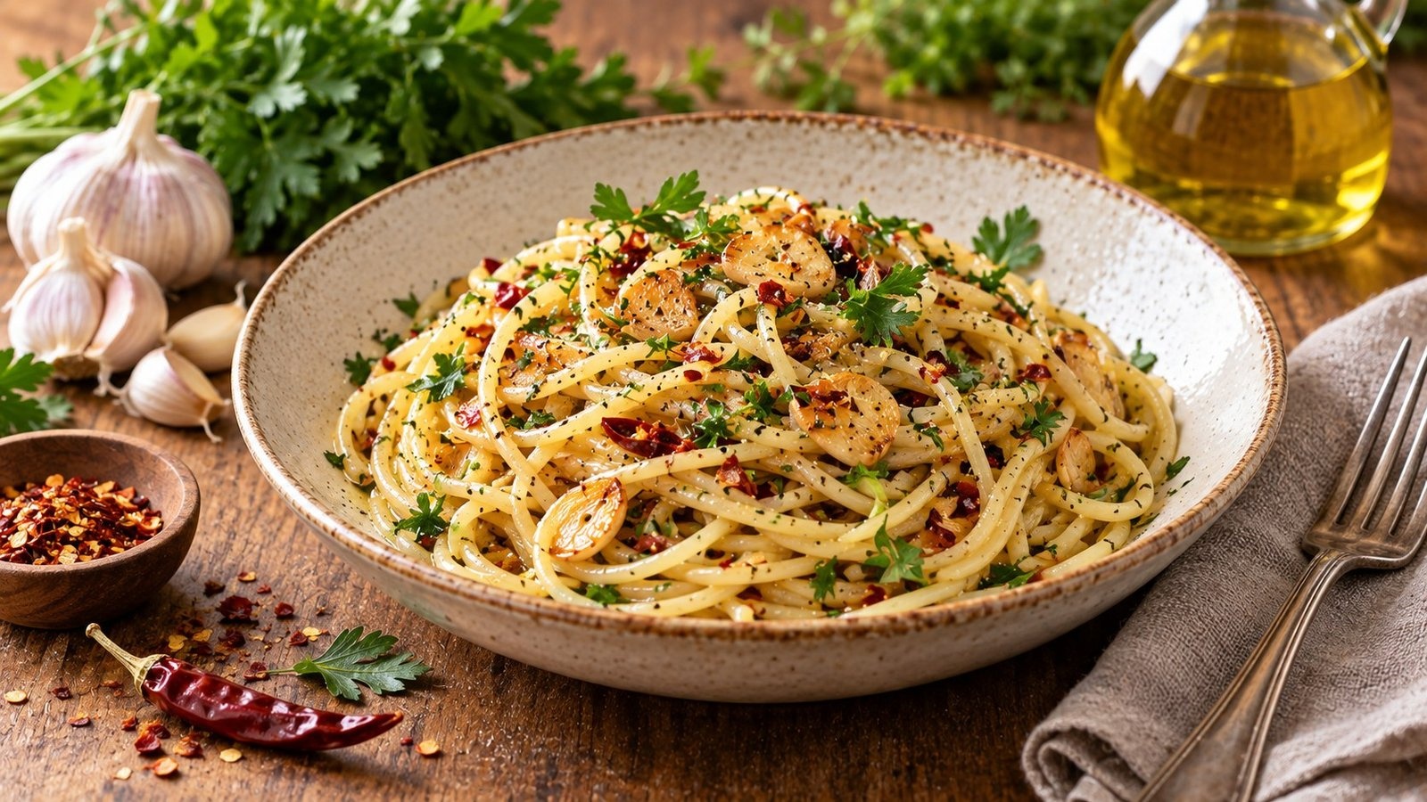 Aglio e olio met knoflookschilfers