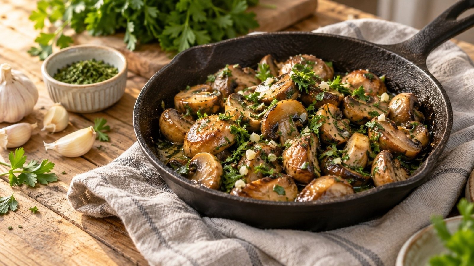 Gebakken champignons met look en peterselie