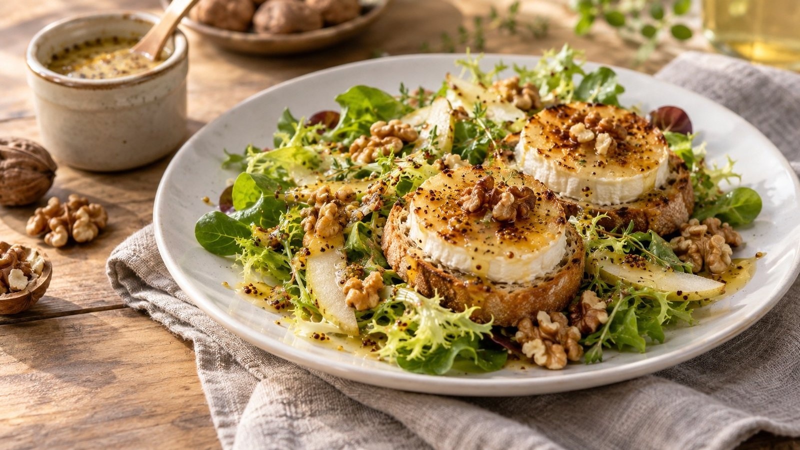 Geitenkaassalade met walnootmosterd