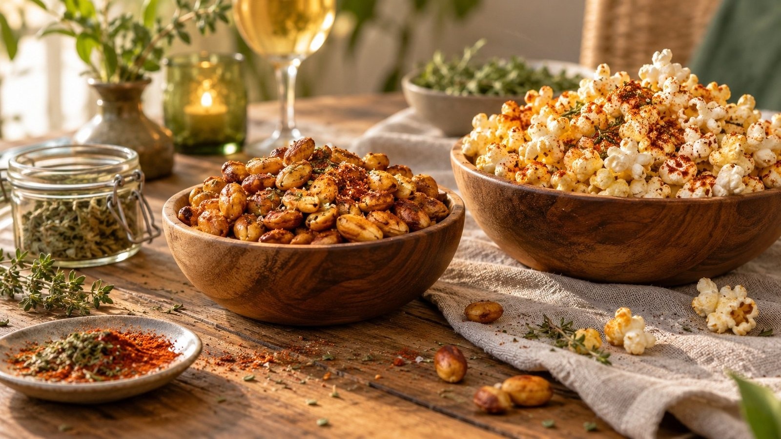 Gekruide borrelnootjes en popcorn