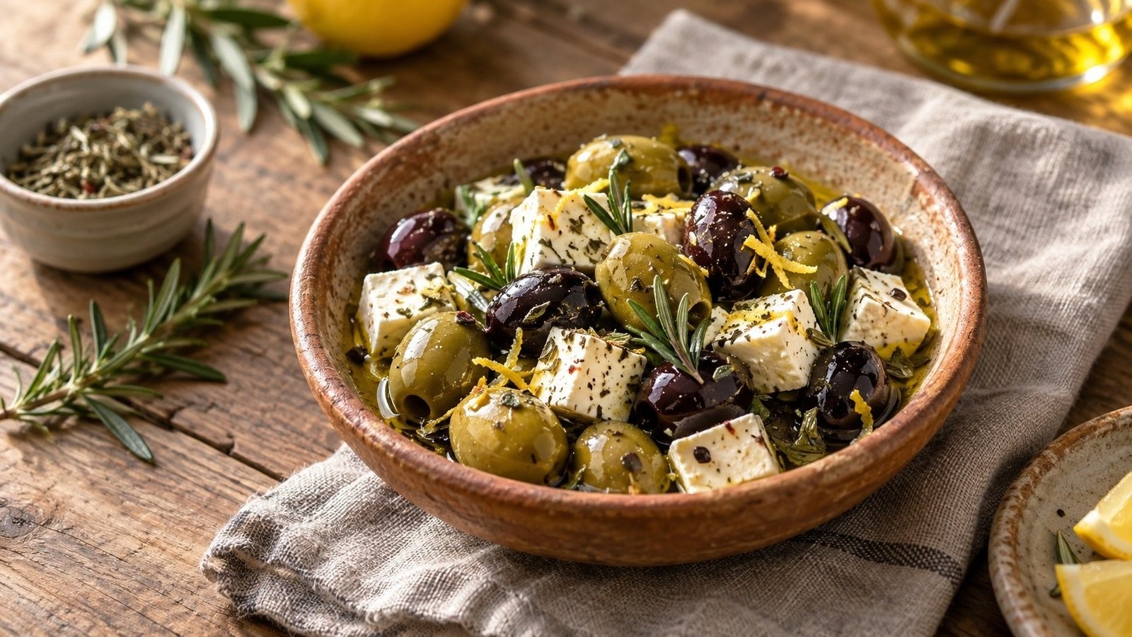 Gemarineerde olijven en feta