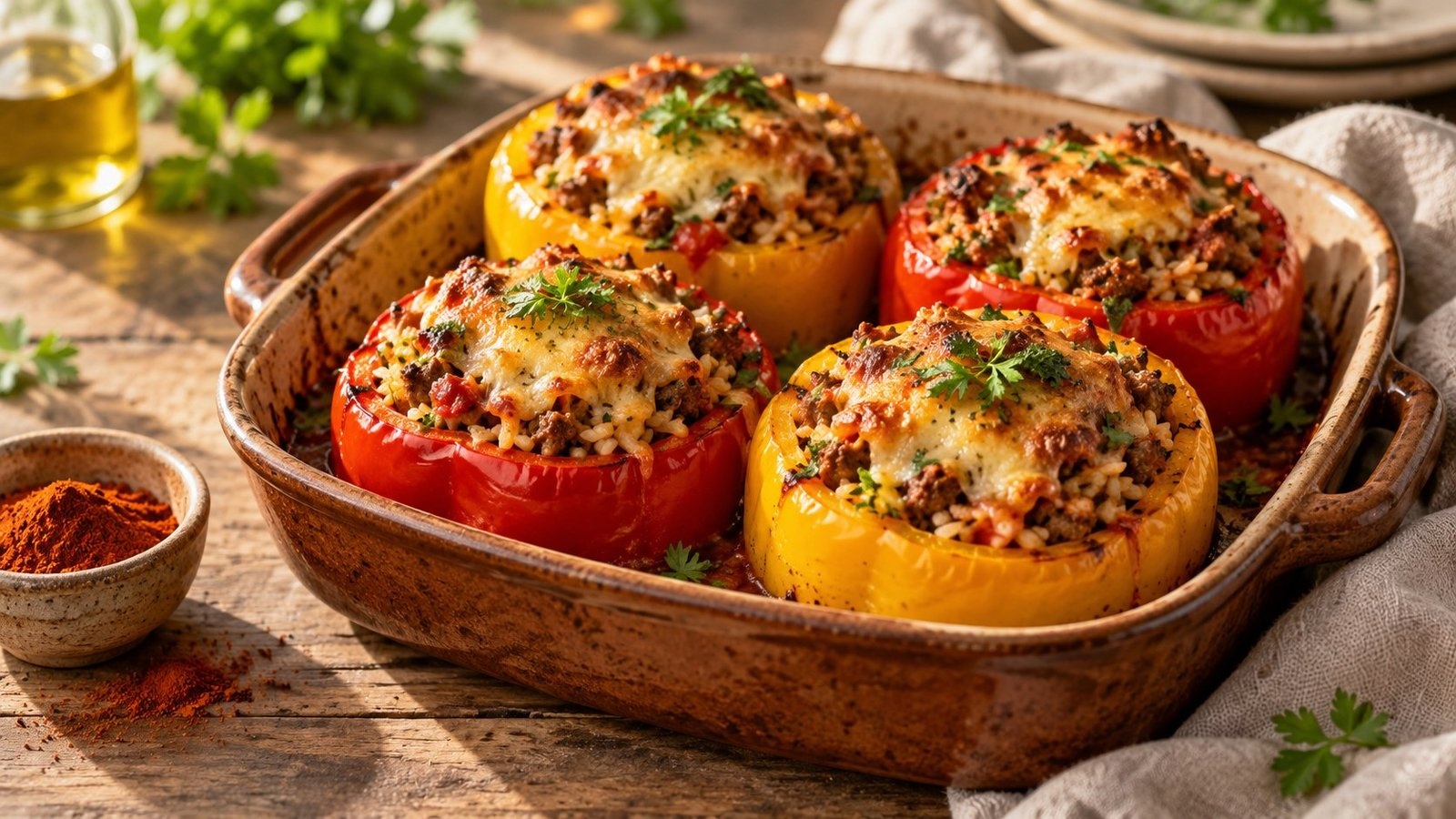 Gevulde paprika met rijst en gehakt