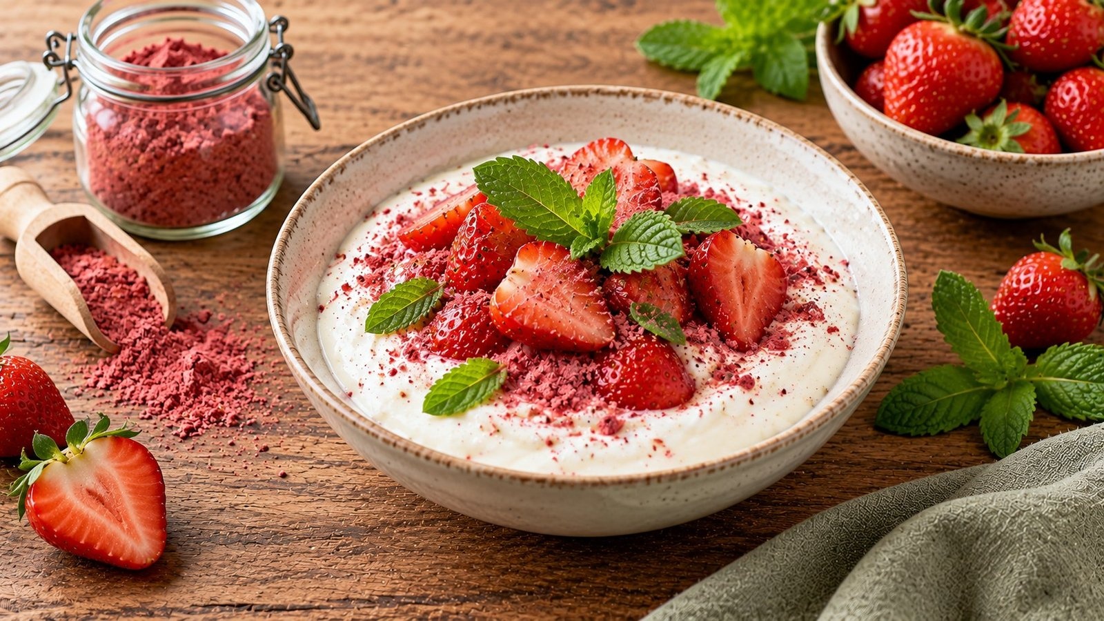 Yoghurt met aardbeipoeder en munt