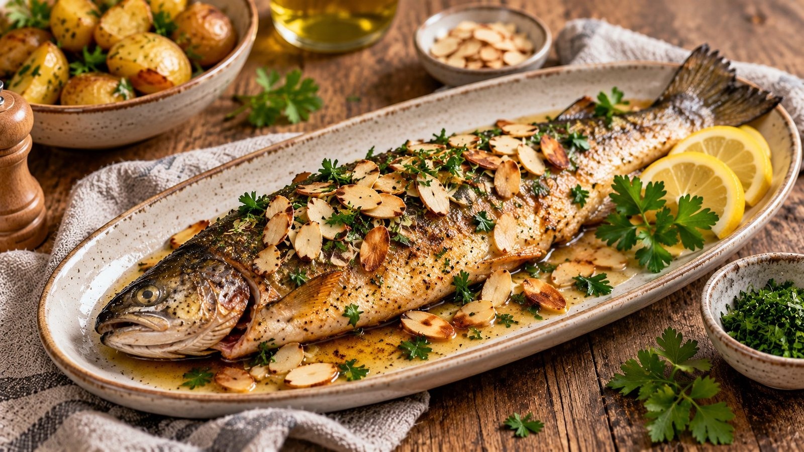 Forel uit de pan met amandelen
