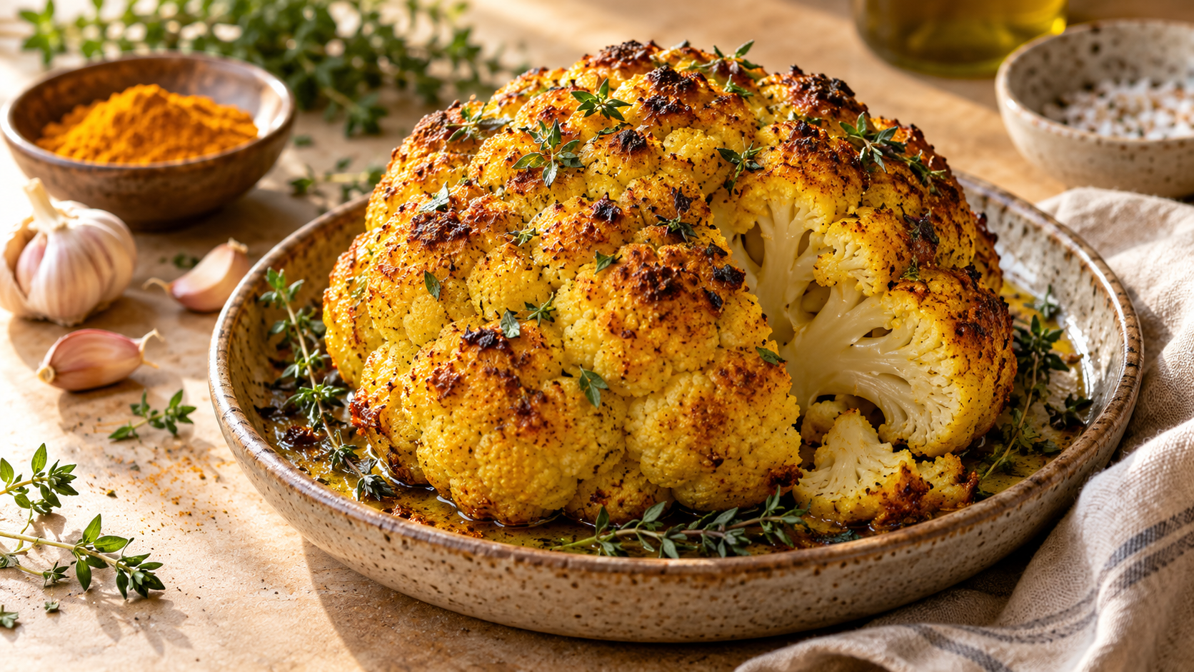 Hele bloemkool uit de oven met kurkuma