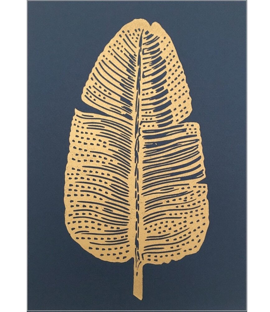 Monika Petersen Monika Petersen Lino Print Gold Feather Indigo A4 Monika Petersen Monika Petersen Lino Print Gold Feather Indigo A4