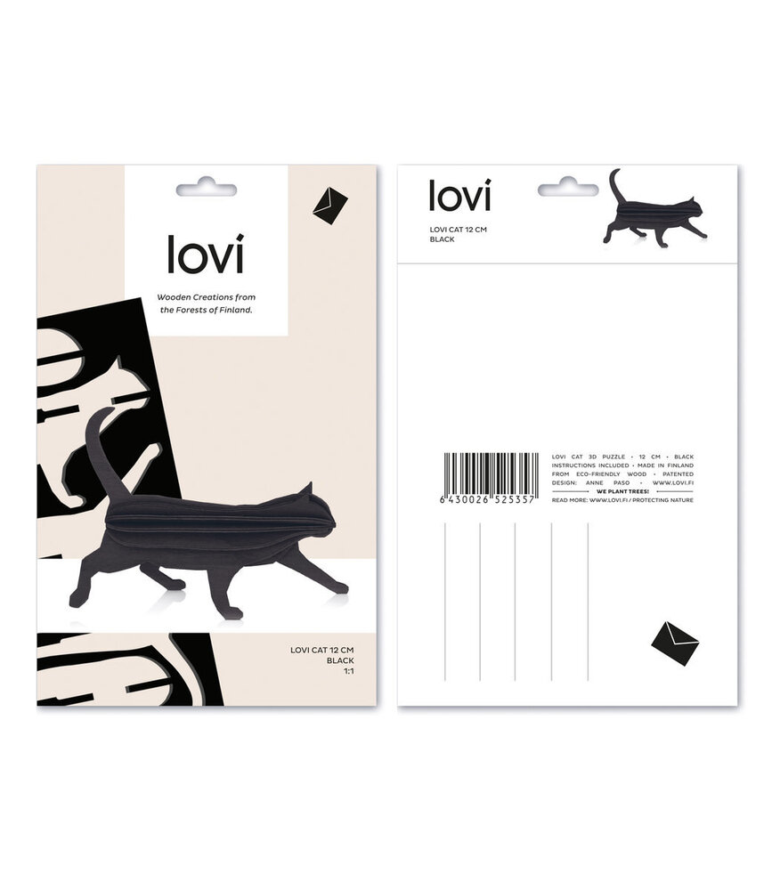 LOVI Lovi Cat black wood Birch plywood 3D-animal DIY package - perfect to send as a gift LOVI Lovi Cat black wood Birch plywood 3D-animal DIY package - perfect to send as a gift