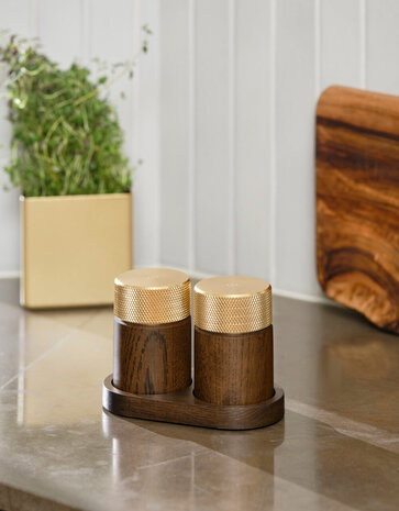 Gejst Gejst Sina Salt and Pepper Mill Set with Tray, Dark Oak with Brass