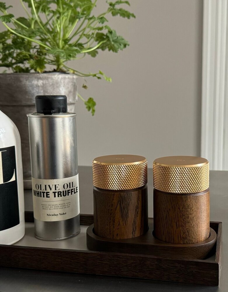Gejst Gejst Sina Salt and Pepper Mill Set with Tray, Dark Oak with Brass