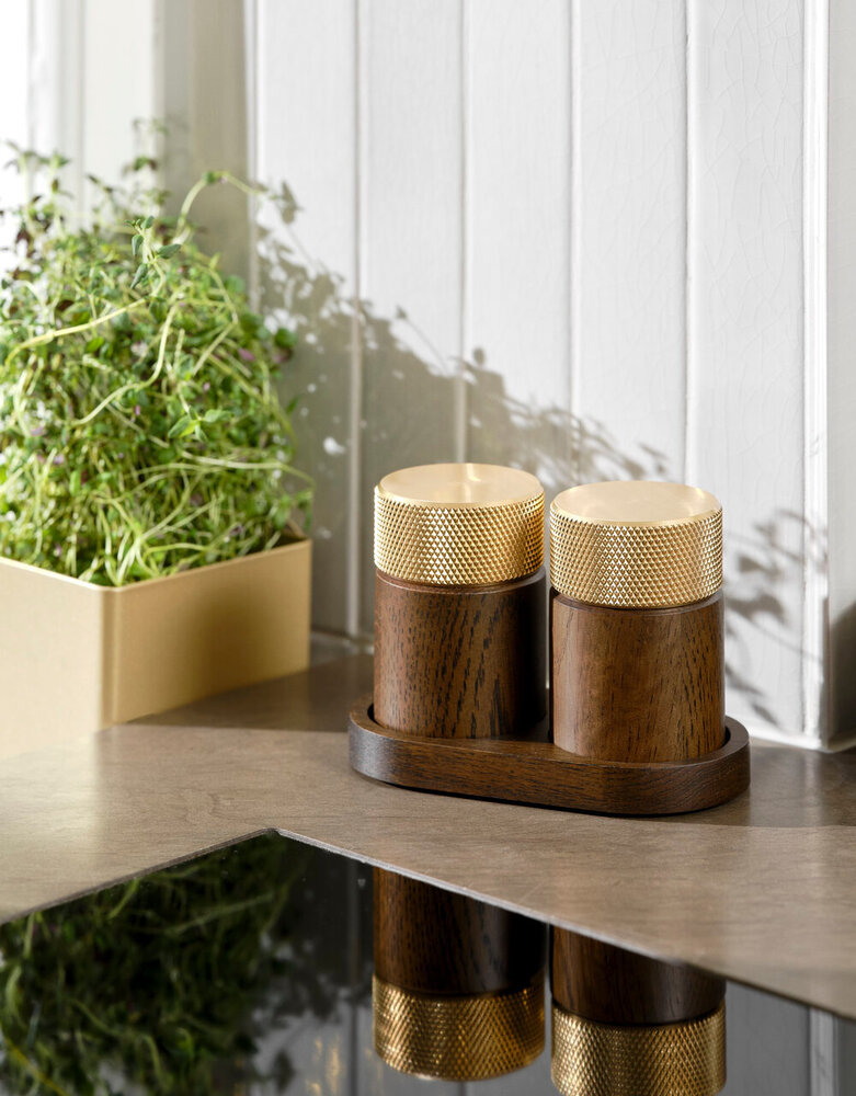 Gejst Gejst Sina Salt and Pepper Mill Set with Tray, Dark Oak with Brass