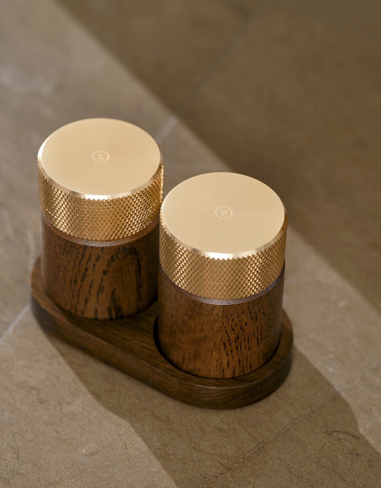 Gejst Gejst Sina Salt and Pepper Mill Set with Tray, Dark Oak with Brass