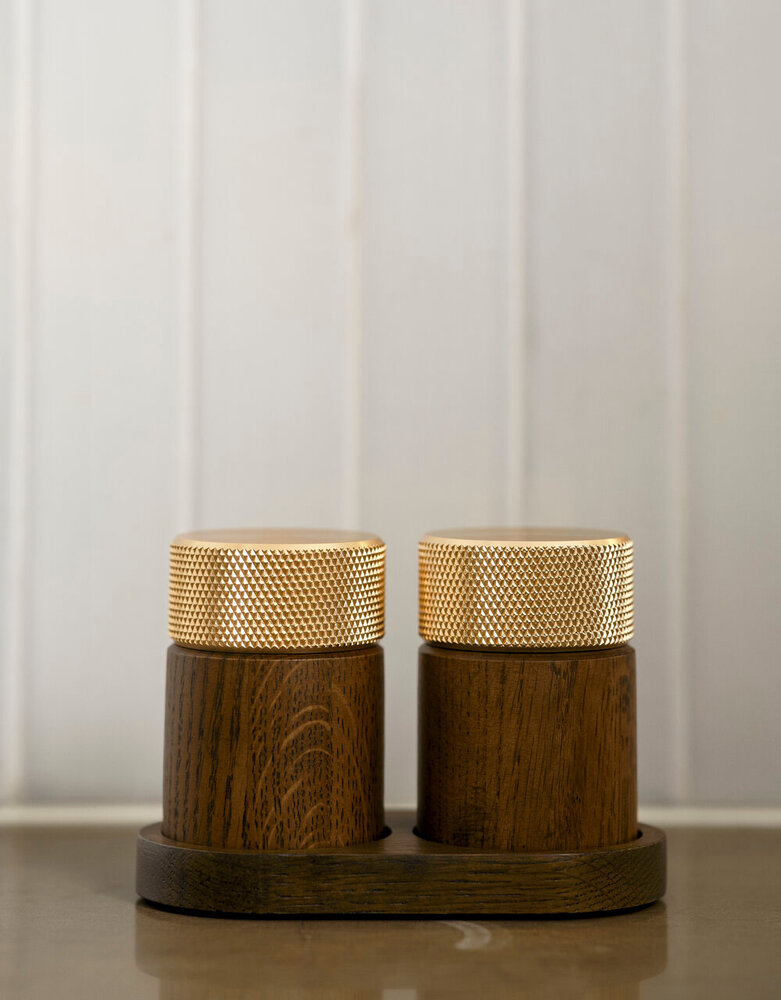 Gejst Gejst Sina Salt and Pepper Mill Set with Tray, Dark Oak with Brass