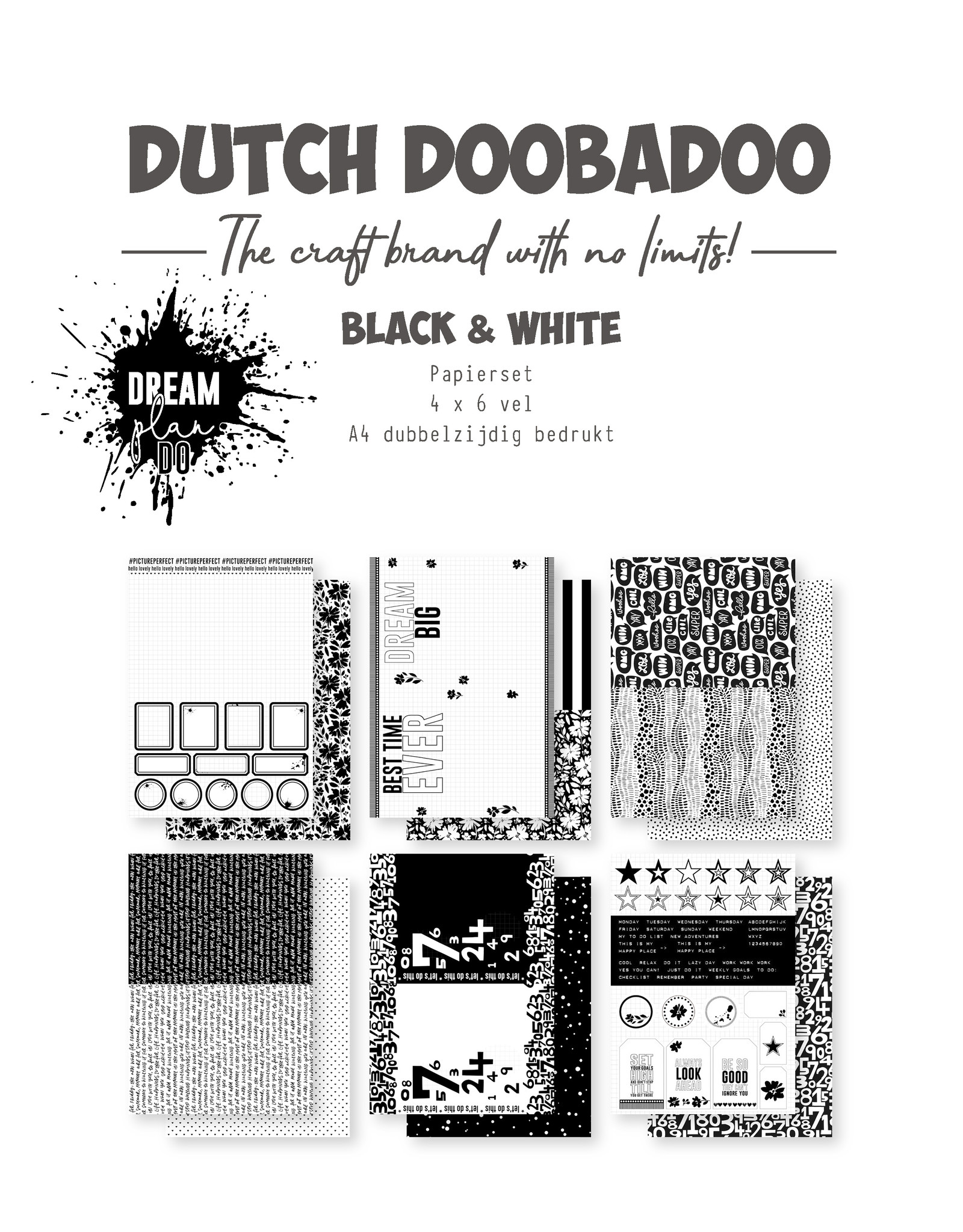 Dutch Doobadoo DDBD Planner paper set black & white A4 (6x4=24 pcs)