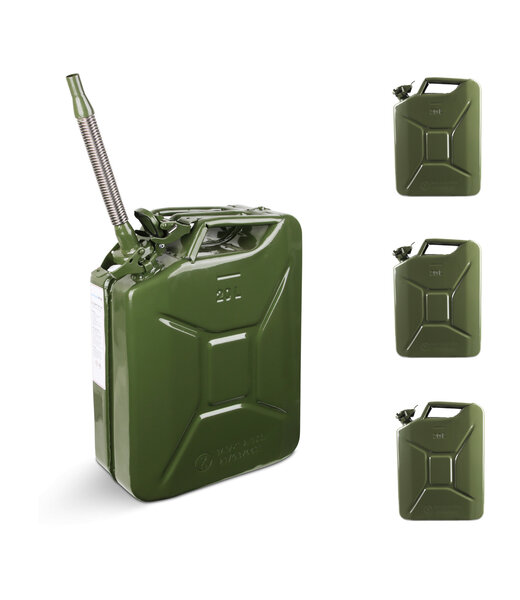 4x 20L stalen brandstof jerrycan groen + 1x schenktuit (gratis verzending)