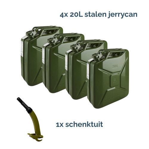 4x 20L stalen jerrycan Gelg + 1x schenktuit (gratis verzending)