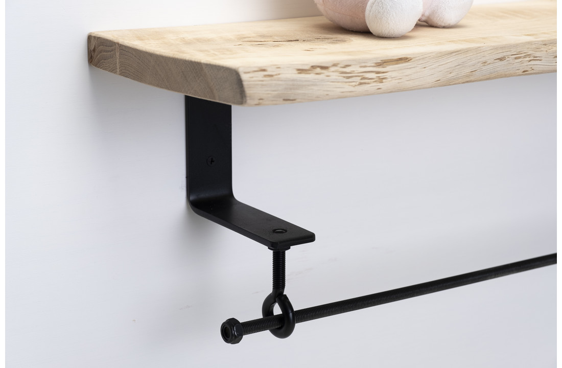 Eiken wandplank 26mm met stalen beugels en ophangsysteem