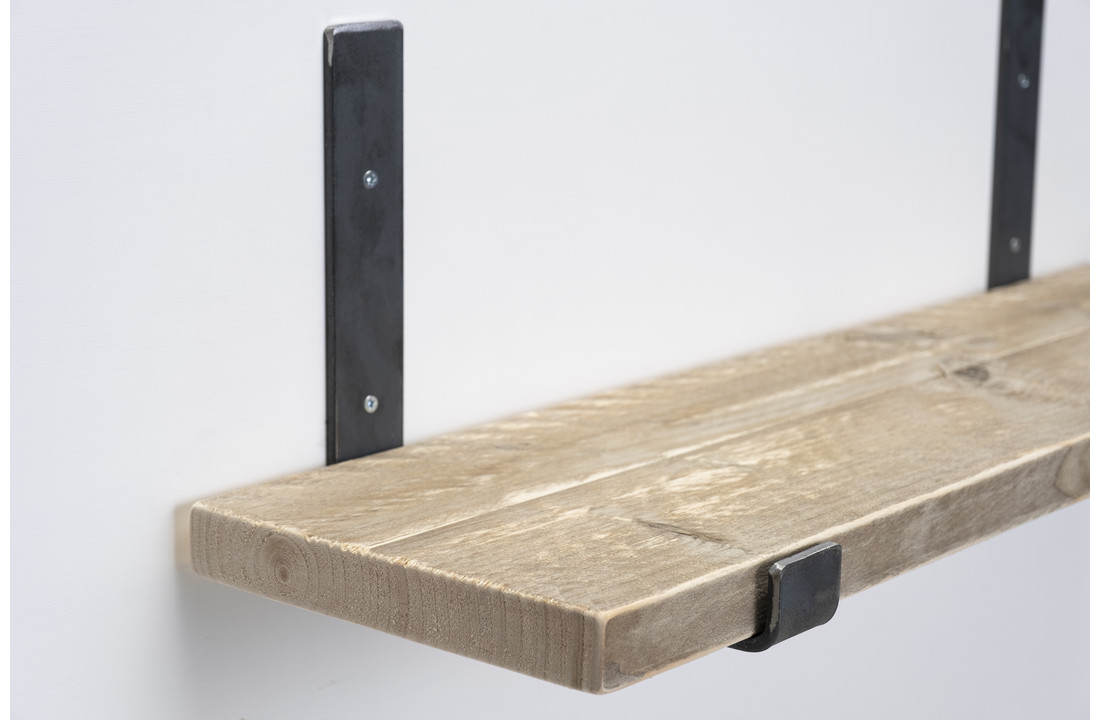 Wandplank steigerhout oud 3cm met open stalen beugels