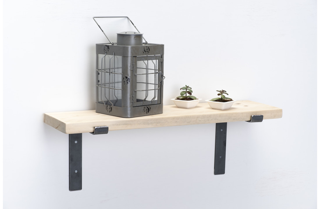Wandplank steigerhout nieuw 3cm met open stalen beugels II