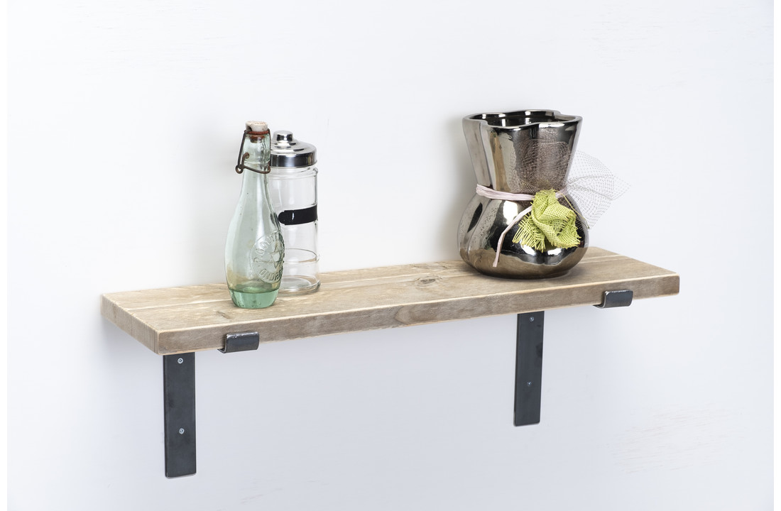 Wandplank steigerhout oud 3cm met open stalen beugels II