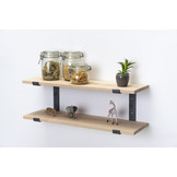 Wall rack double with 2cm oak shelves and steel brackets