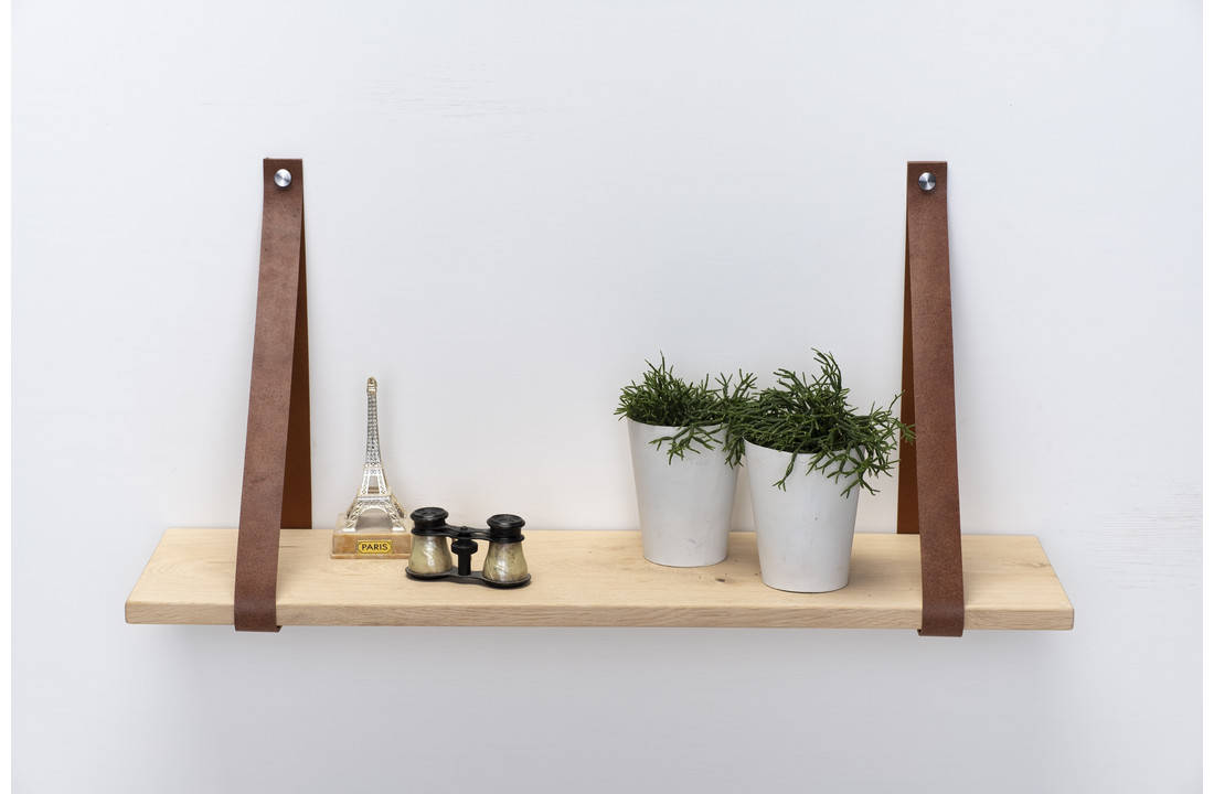 Wandplank eiken 2cm met leren plankdragers bruin