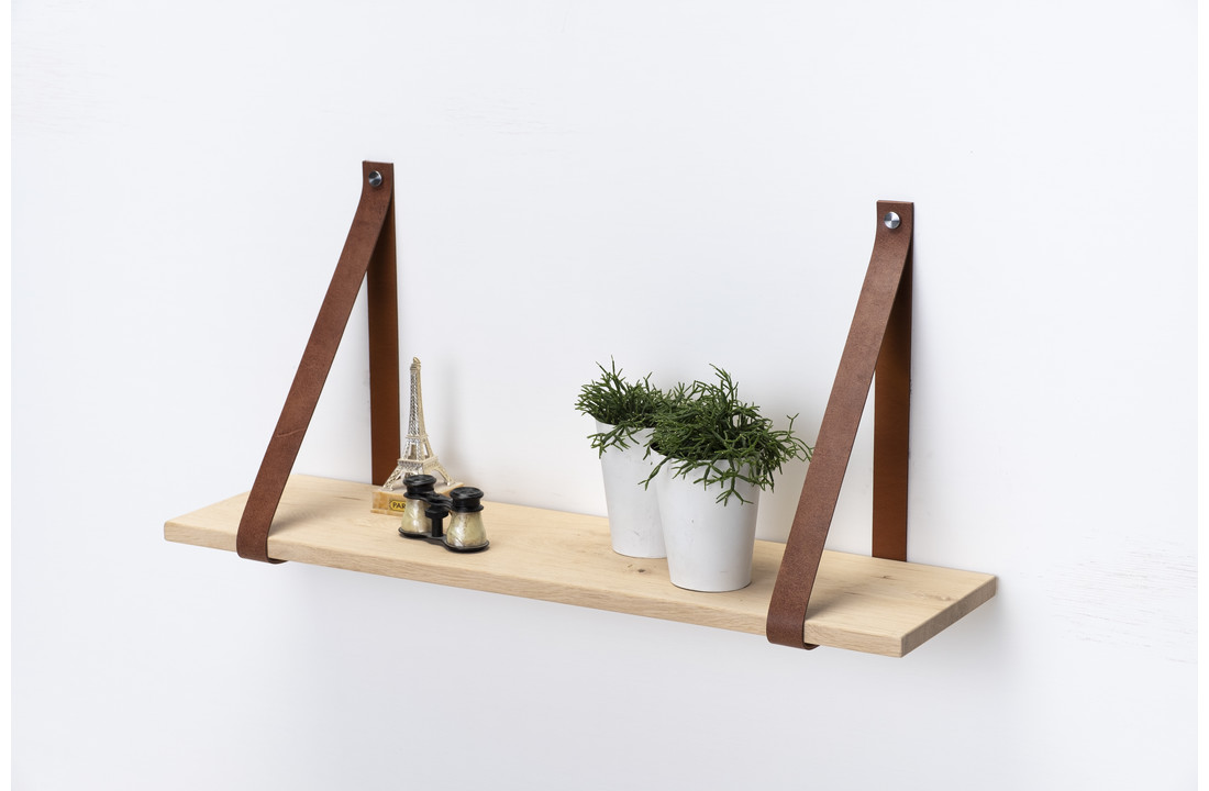Wall shelf oak 2cm with leather shelf supports brown
