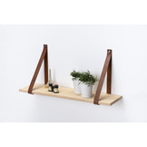 Wandplank eiken 2cm met leren plankdragers bruin