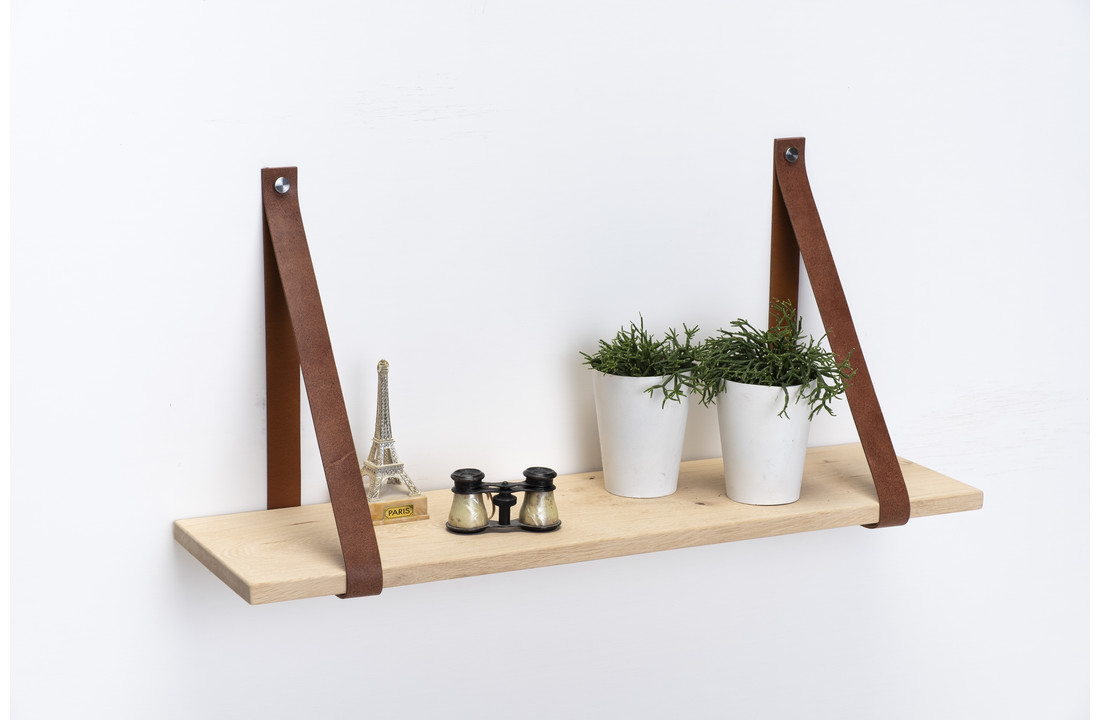 Wall shelf oak 2cm with leather shelf supports brown