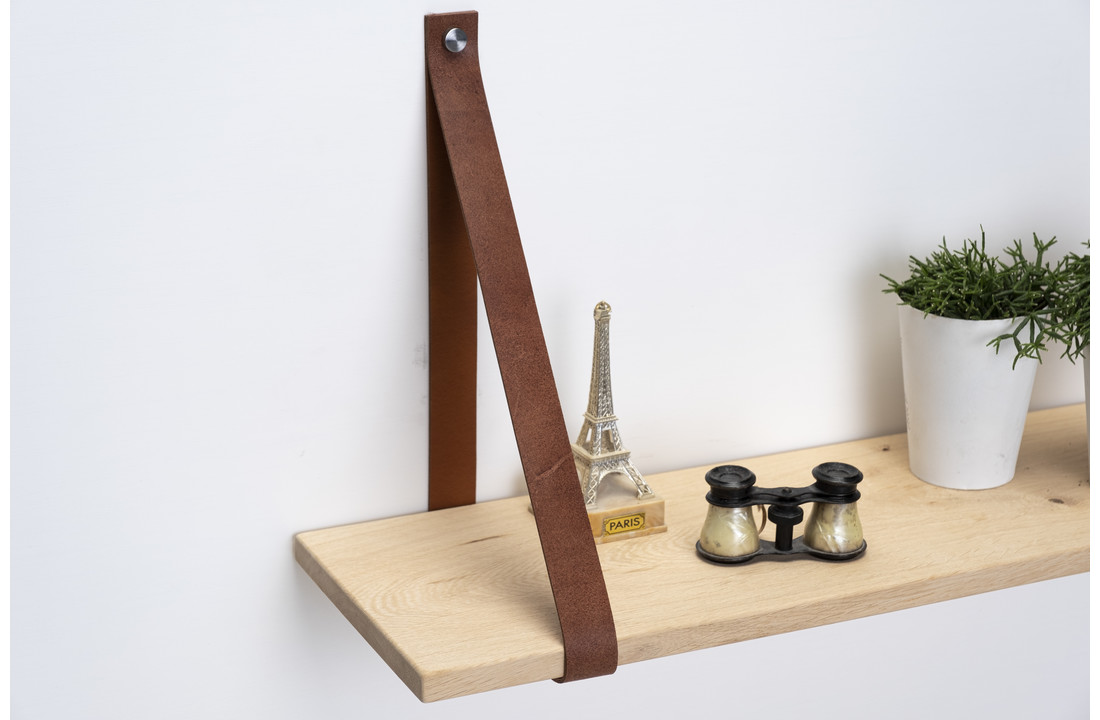 Wall shelf oak 2cm with leather shelf supports brown