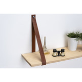 Wandplank eiken 2cm met leren plankdragers bruin