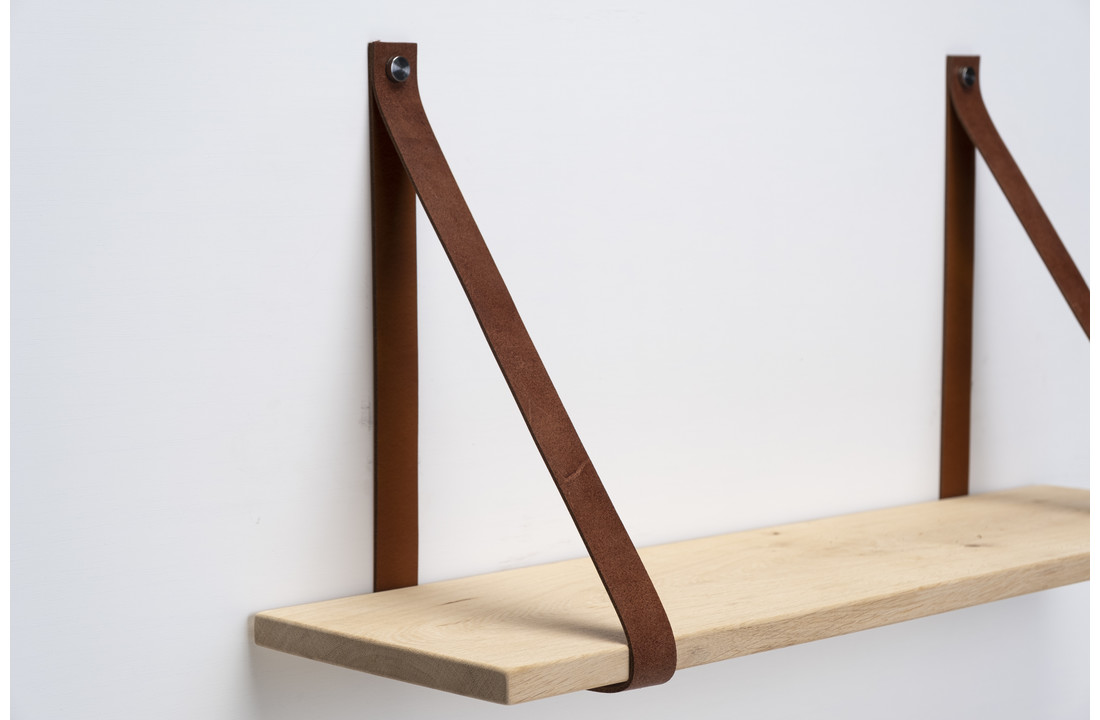Wall shelf oak 2cm with leather shelf supports brown