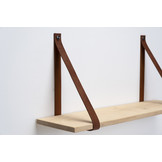 Wandplank eiken 2cm met leren plankdragers bruin