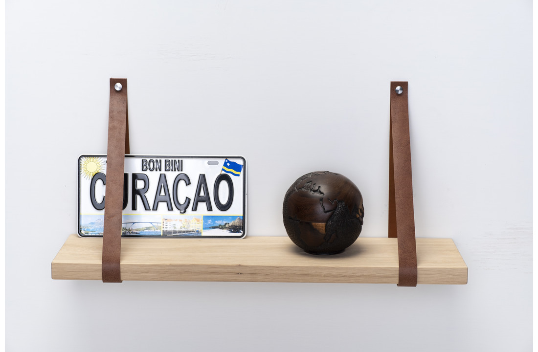 Wall shelf oak 3cm with leather shelves brown
