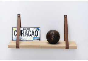 Wall shelf oak 3cm with leather shelves brown