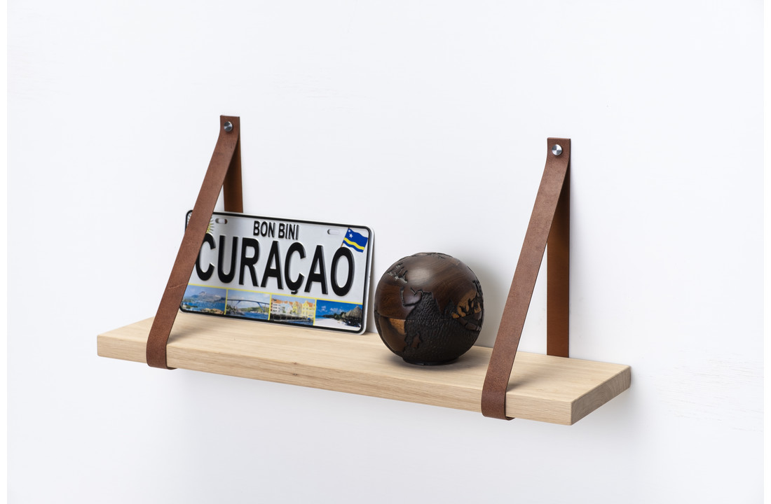 Wall shelf oak 3cm with leather shelves brown