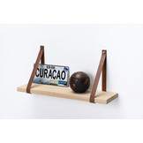 Wandplank eiken 3cm met leren plankdragers bruin